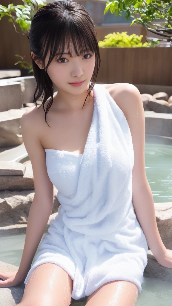 Teen Girl Towel In Outdoor Bath In Natural Central Hotel