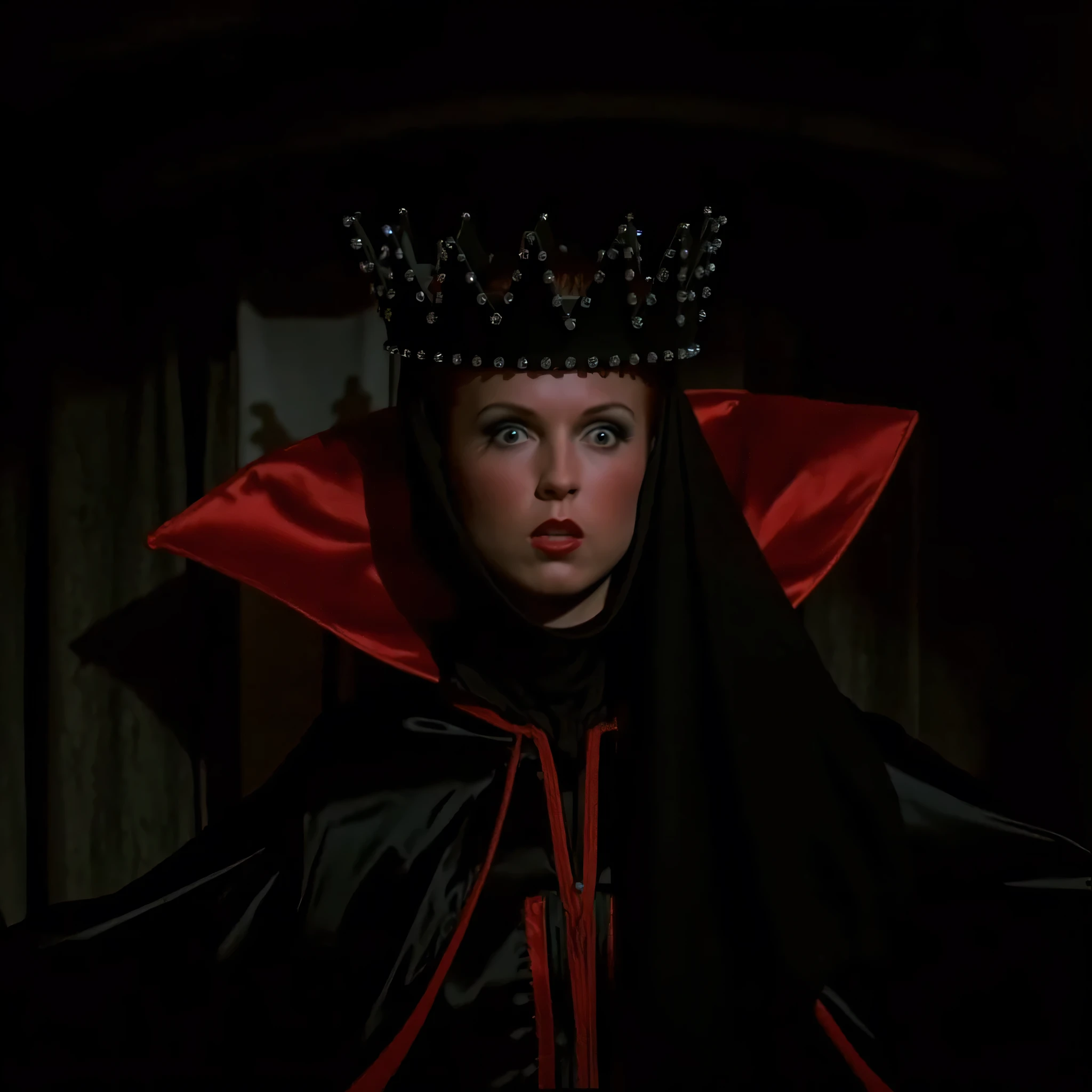 cinematic film still of Evil Queen a Long shot of a surprised woman in a black costume, Long Black Satin Cape with red satin Lining and a black crown with wide staring eyes and a shock expression on her face in 1500s 15th century, 1girl, solo, hat, upper body, lips, makeup, black background, crown, lipstick, realistic, red lips, shallow depth of field, vignette, highly detailed, high budget, bokeh, cinemascope, moody, epic, gorgeous, film grain, grainy