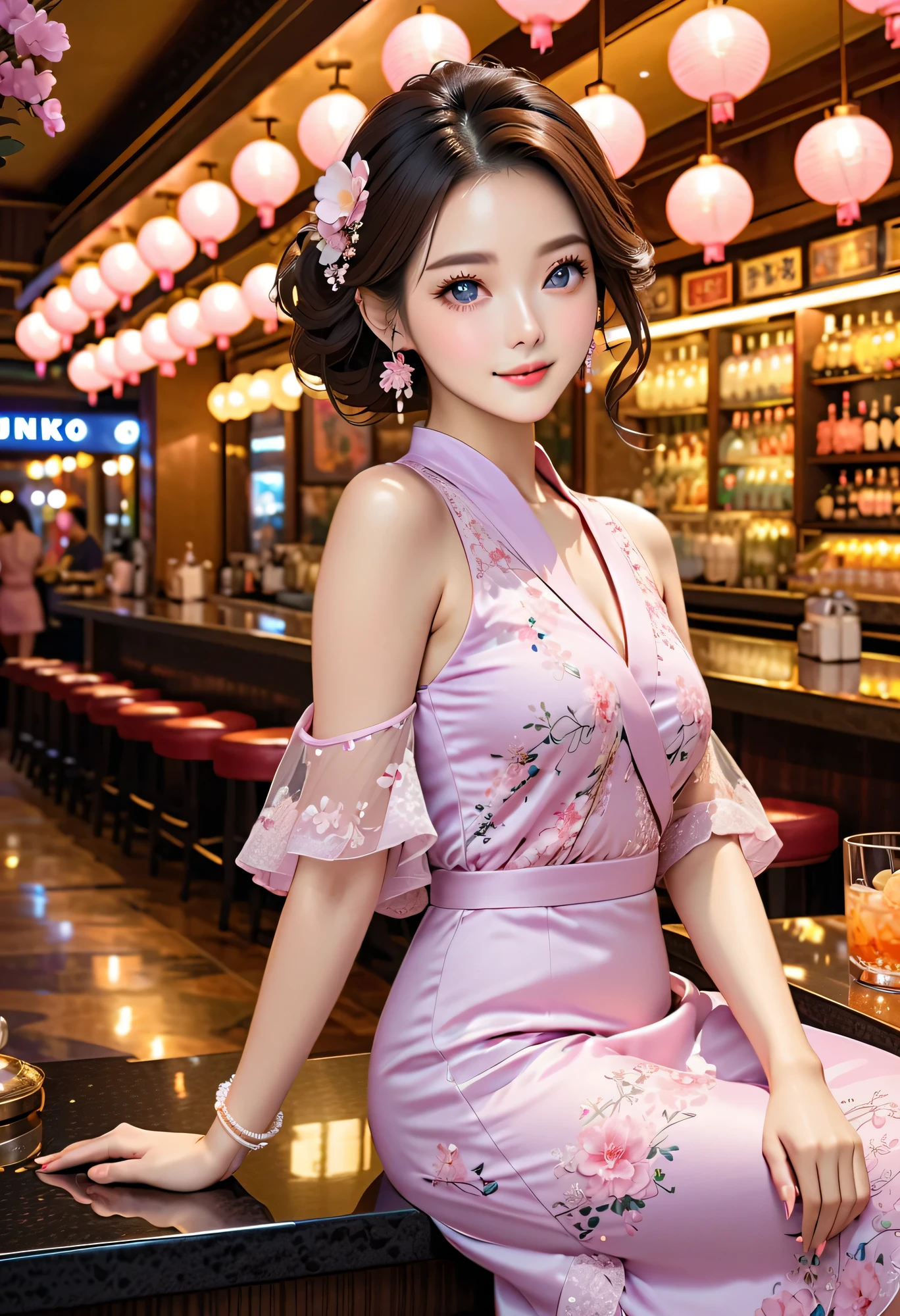 top quality、 high resolution、( high definition:1.2)、 Masterpiece、 detailed background、age beauty、 big size、 highly detailed faces at a pachinko parlor、 luxury hotel lounge bar 、 while soft jazz is playing 、Chandeliers sparkle 、 pale pink or lavender colored china dress に身を包んだ女性が、 sit comfortably with a cocktail glass in one hand 、 The night view of the city spreads out in the background 、 the amber liquid inside the glass flickers 、 pale pink or lavender colored china dress 、 flower pattern embroidery 、 loose hair up 、 fuzzy hair decoration 、 pearl earrings and bracelet 、 white or nude colored pumps 、Lace handkerchief 、 very beautiful
