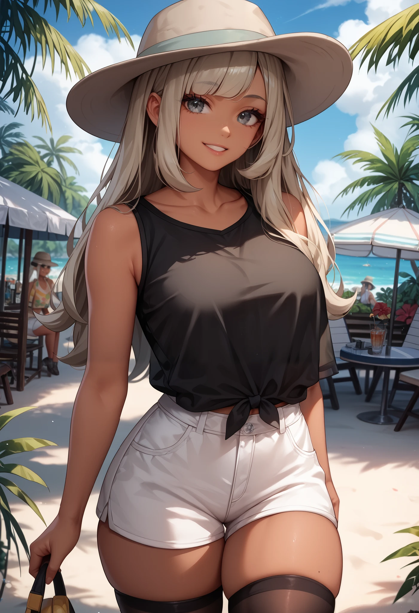 Solo, 1girl, large breasts, small waist, small hips, thick thighs, pokemonselene, platinum blonde hair, grey eyes, long hair, long bangs, bangs, outdoors, tropical beach, city boulevard, sunny, skinny, collarbone, white shorts, black shirt, sleeveless, black thighhighs, gray loafers, (black_striped beige fedora), ((dark skin)), long top, cowboy shot, skindentation, slight smile, l00se_t0p, untucked shirt
