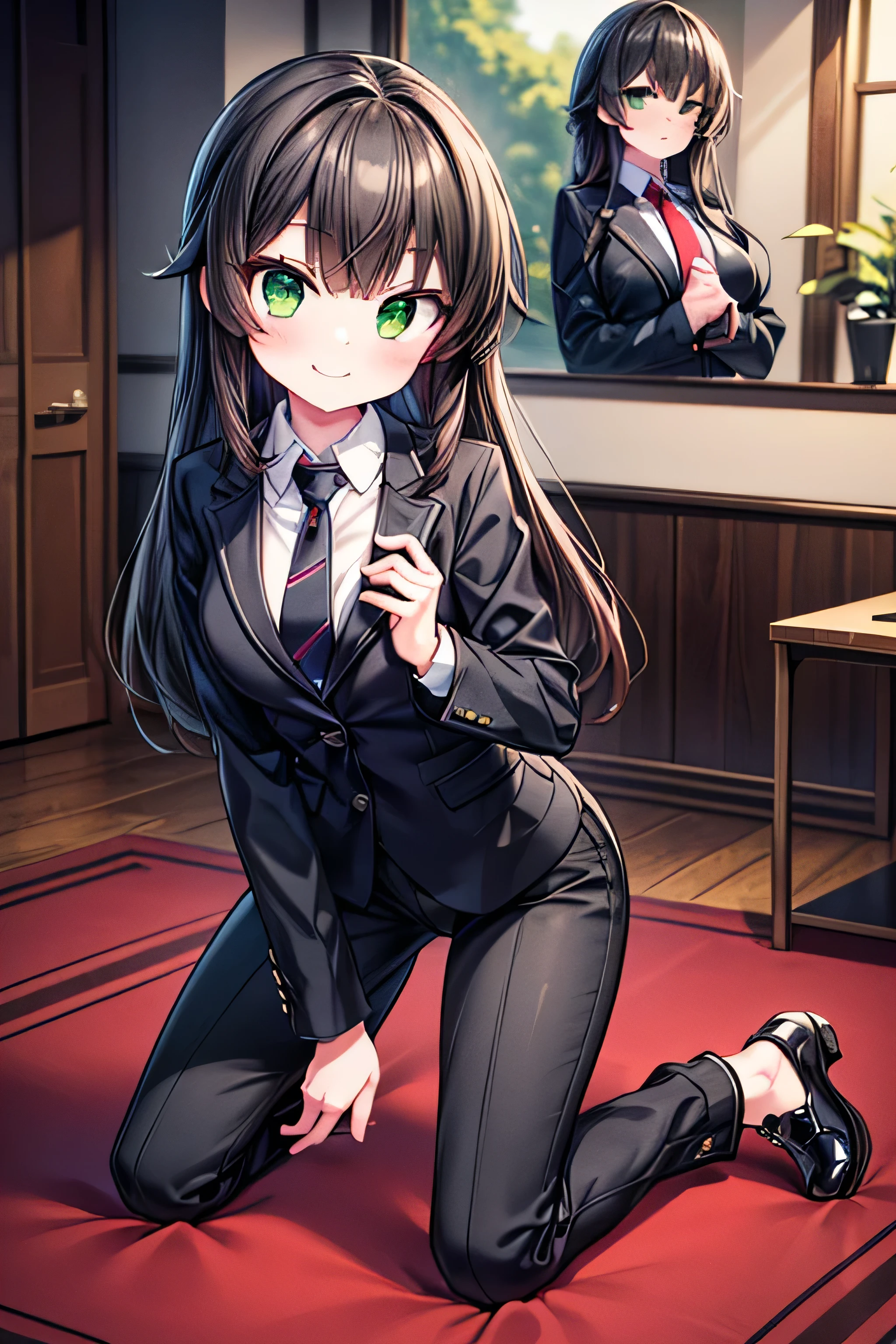 (extremely detailed, 8K resolution, with sharp focus, masterpiece, best quality, Moe Art style, safe for work:1.3), 1 cute lady, slender full body, kneeling in the room, black pants:1.3, black jacket with necktie, dark brown long hair, detailed dark-green eyes, detailed pupil, cool smile