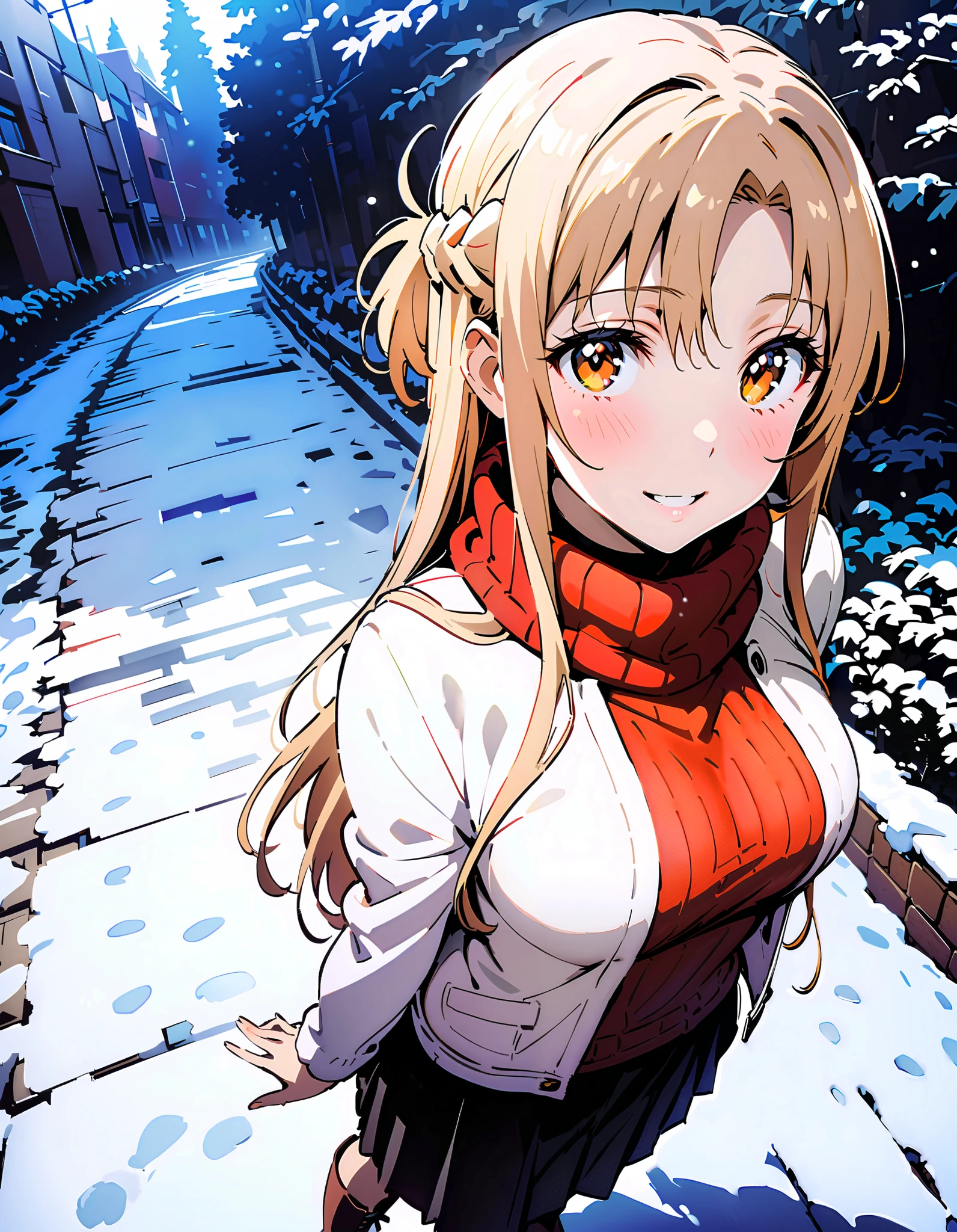 Asuna Yuki , long hair, bangs,Alone, monochrome, braided, Hair, brown eyes,single braided,Medium breast,smile,blush, open their mouths, red scarf,White Down Coat , ( sweater :1.2),( turtleneck:1.2), long skirt , boots, standing,snow,whole bodyがイラストに入るように, break looking at viewer,whole body, break outdoors, Around town, break ( Masterpiece:1.2), top quality , kampala,unity 8k wallpaper,(shape:0.8),( fine, beautiful eyes :1.6),It's a person ,whole body写真,CG Details , ( perfect hand, complete anatomy),