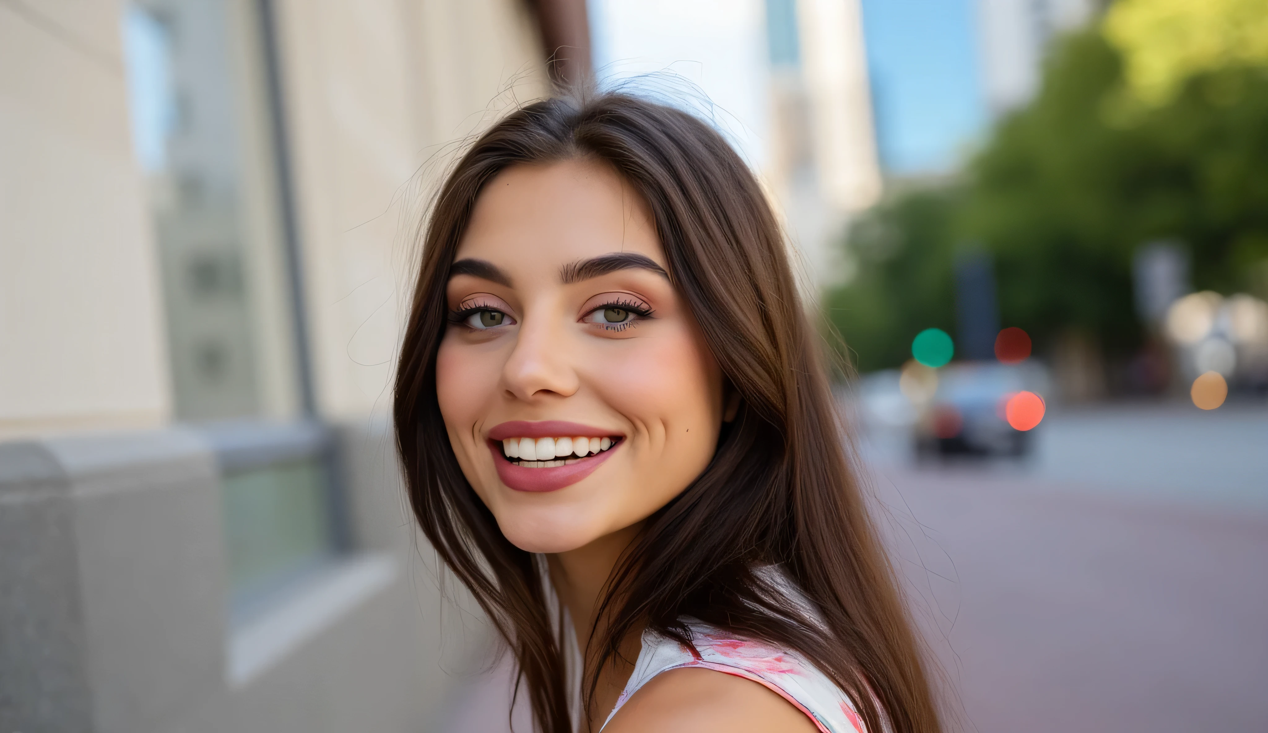 street style portrait of a gorgeous woman with dazzling smile and flawless teeth, urban environment with bokeh background, natural candid pose, late afternoon light, professional beauty retouching, shot on Sony A7, lifestyle photography