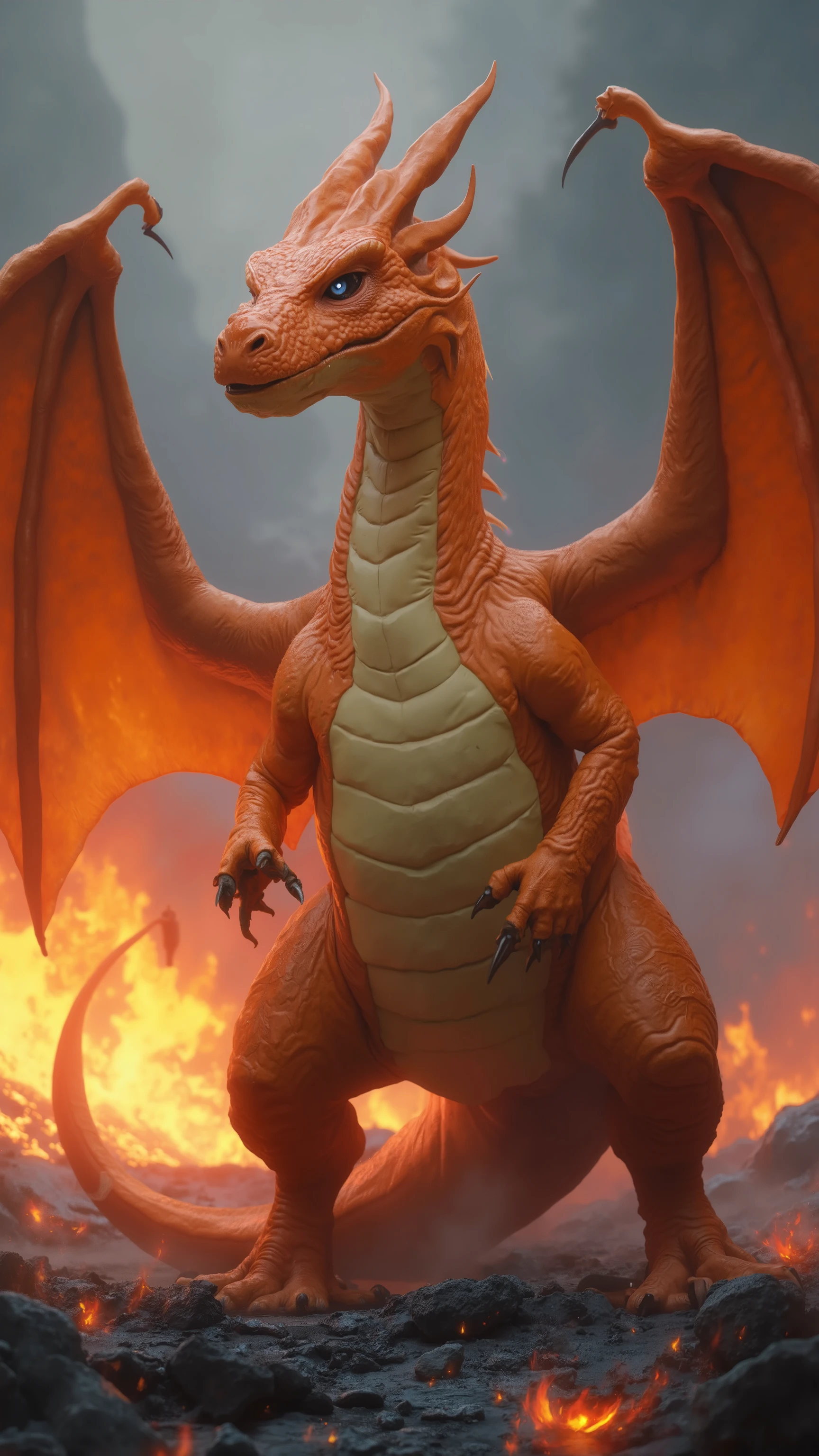 fire, charizard, pokemon, orange skin, breathing fire, large wings, Dragon, reptile, realistic, scales, claws, open mouth, glowing eyes, realistic hd <lora:silavra:0.6> artstyle, (extremely detailed CG unity 8k wallpaper), full shot body photo of the most beautiful artwork in the world, medieval armor, professional majestic oil painting, trending on ArtStation, trending on CGSociety, Intricate, High Detail, Sharp focus, dramatic, photorealistic painting art,