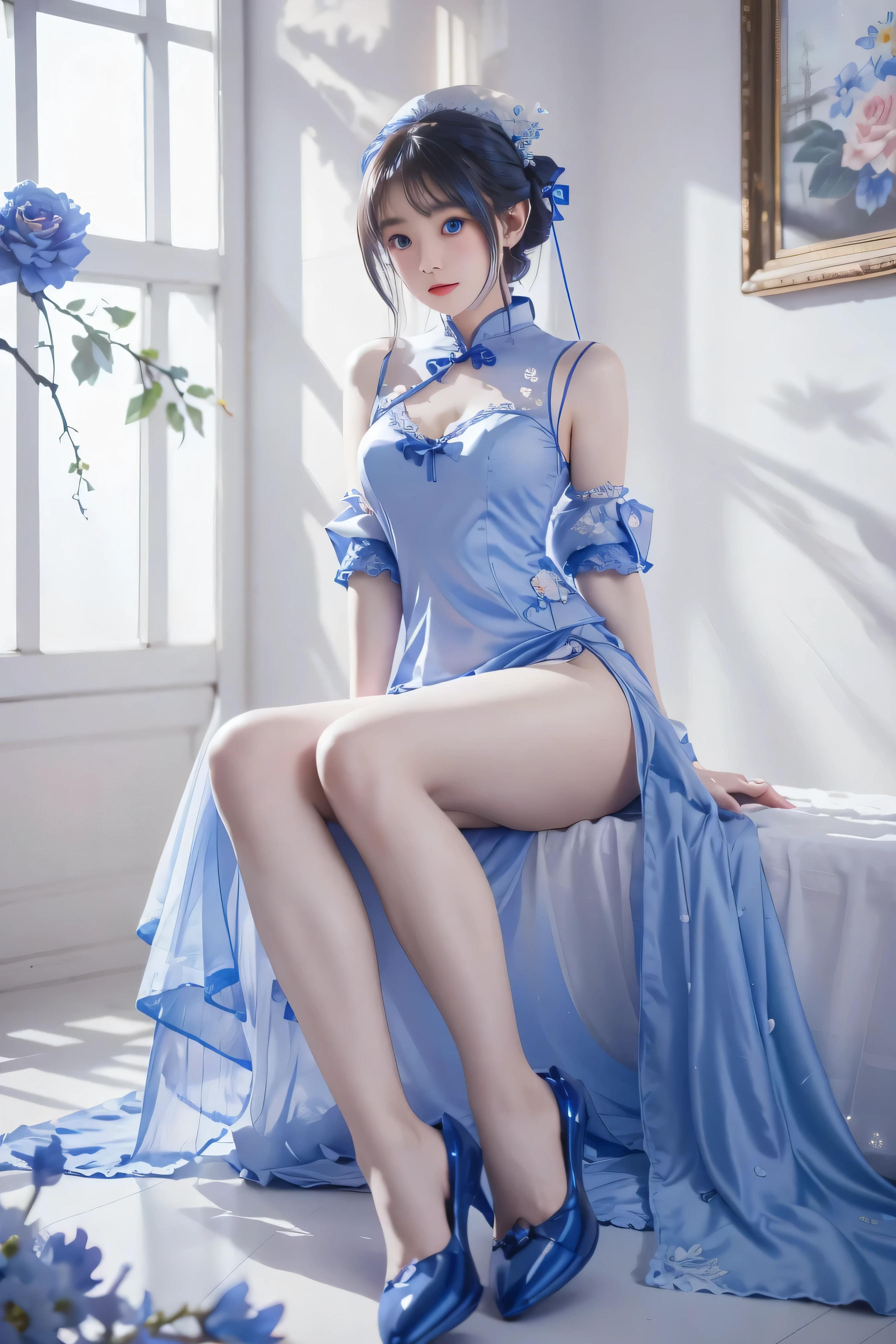 Cheongsam, 1 girl, blue bow, blue eyes, blue flowers, blue ribbon, blue rose, chest, Chinese clothing, Chinese clothing, dress, flower, gradient, gradient background, embroidered ball flower, looking at the audience, small chest, pantyhose, rose, single, thigh pantyhose, Chinese paper fan with painting on it,