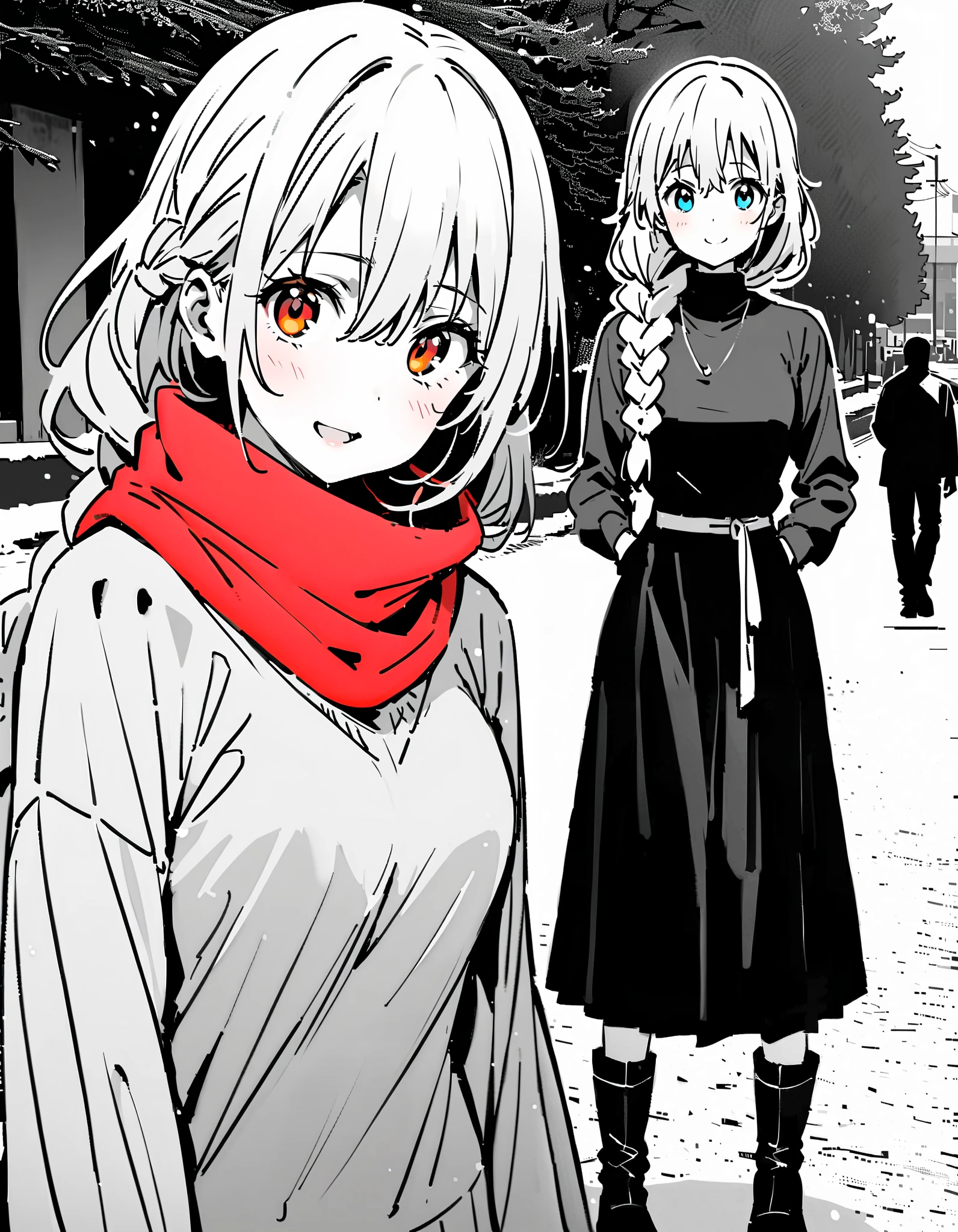 Asuna Yuki ,  long hair, bangs,Alone, monochrome,  braided, Hair,  brown eyes,single  braided,Medium breast,smile,blush, open their mouths, red scarf,White Down Coat , ( sweater :1.2),( turtleneck:1.2), long skirt ,  boots, standing,snow,whole bodyがイラストに入るように, break looking at viewer,whole body, break outdoors, Around town, break ( Masterpiece:1.2), top quality , kampala,unity 8k wallpaper,(shape:0.8),(  fine, beautiful eyes  :1.6),It's a person ,whole body写真,CG Details , ( perfect hand, complete anatomy),
