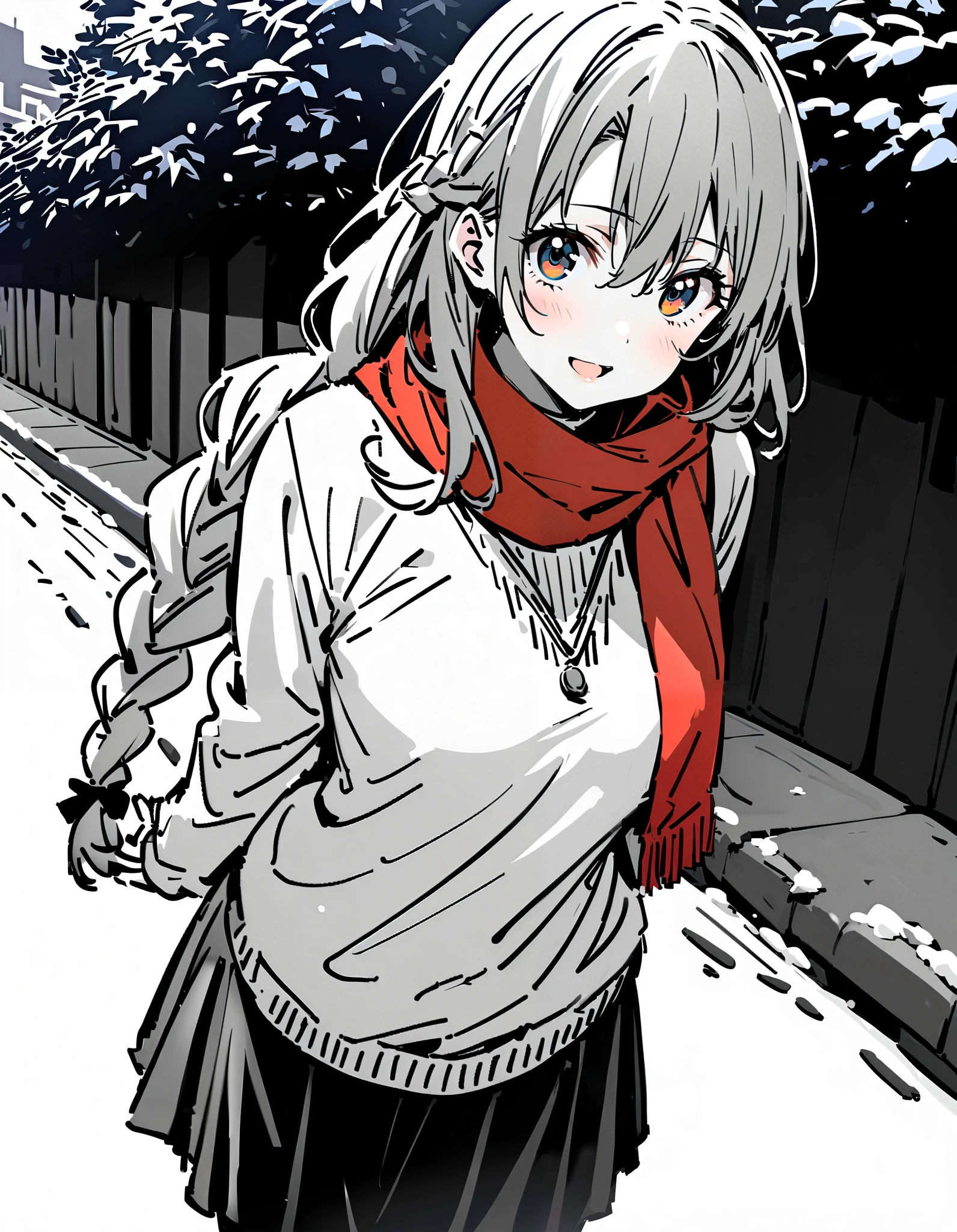 Asuna Yuki , long hair, bangs,Alone, monochrome, braided, Hair, brown eyes,single braided,Medium breast,smile,blush, open their mouths, red scarf,White Down Coat , ( sweater :1.2),( turtleneck:1.2), long skirt , boots, standing,snow,whole bodyがイラストに入るように, break looking at viewer,whole body, break outdoors, Around town, break ( Masterpiece:1.2), top quality , kampala,unity 8k wallpaper,(shape:0.8),( fine, beautiful eyes :1.6),It's a person ,whole body写真,CG Details , ( perfect hand, complete anatomy),