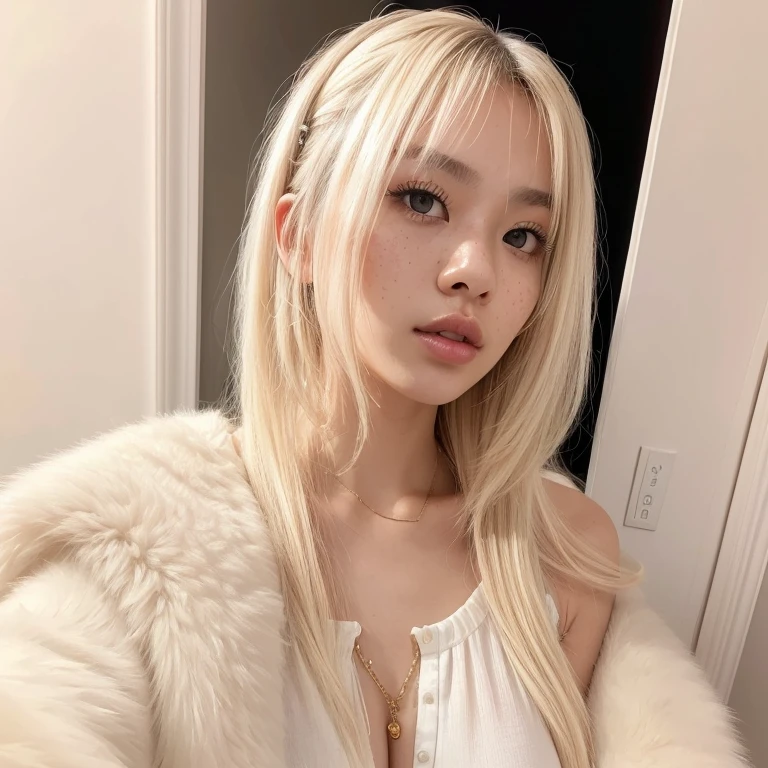 a young Asian woman, 20 years old, black blouse, long platinum hair, black eyes, full lips, light makeup, highly detailed facial features, freckles, fair skin, sensual and delicate features, , Necklace Golden, piercing golden nose, big  (best quality, 4k, 8k, high resolution , fine art print: 1.2), ultra-detailed, (realistic, photorealistic, photorealistic: 1.37), portrait, natural lighting, warm color tones