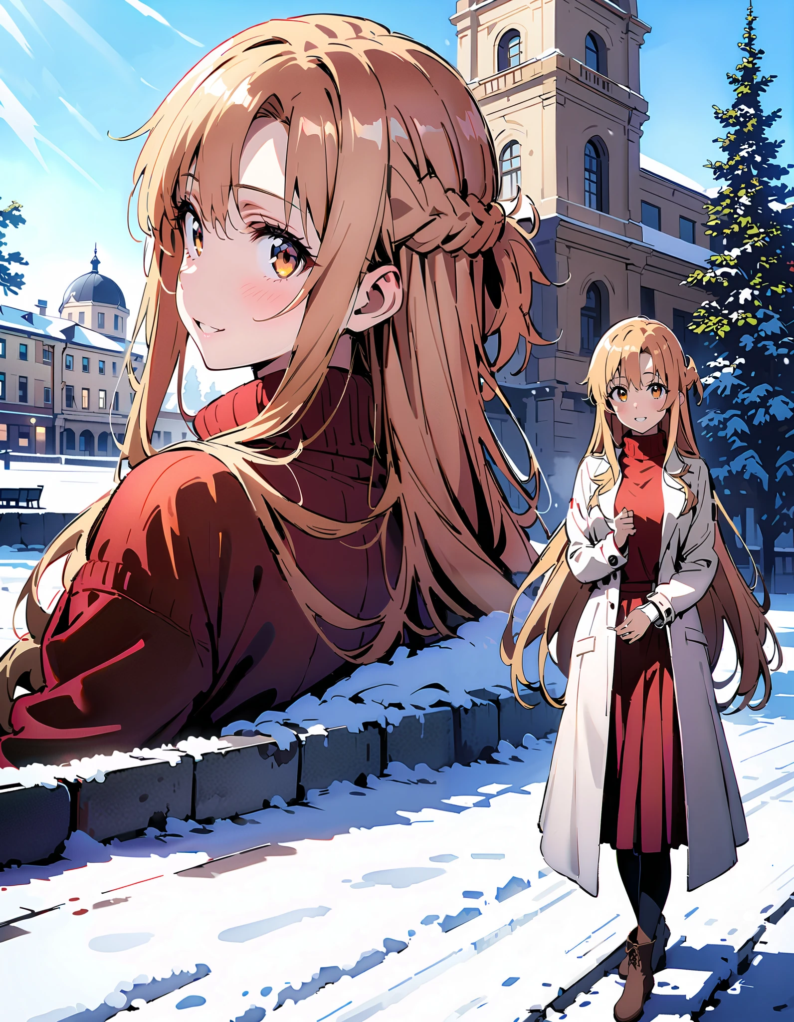 Asuna Yuki ,  long hair, bangs,Alone, monochrome,  braided, Hair,  brown eyes,single  braided,Medium breast,smile,blush, open their mouths, red scarf,White Down Coat , ( sweater :1.2),( turtleneck:1.2), long skirt ,  boots, standing,snow,whole bodyがイラストに入るように,                                                          break looking at viewer,whole body,                                 break outdoors,building,                                              break ( Masterpiece:1.2), top quality , kampala,unity 8k wallpaper,(shape:0.8),(  fine, beautiful eyes  :1.6),It's a person ,whole body写真,CG Details , ( perfect hand, complete anatomy),