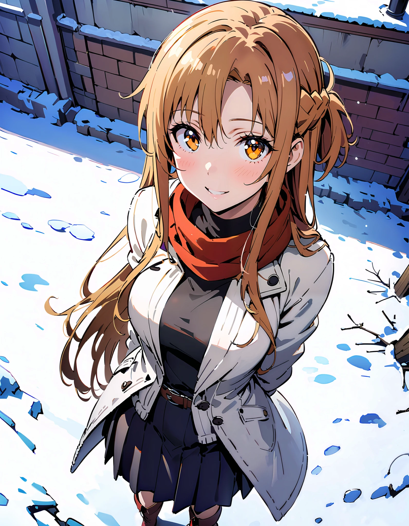 Asuna Yuki ,  long hair, bangs,Alone, monochrome,  braided, Hair,  brown eyes,single  braided,Medium breast,smile,blush, open their mouths, red scarf,White Down Coat , ( sweater :1.2),( turtleneck:1.2), long skirt ,  boots, standing,snow,whole bodyがイラストに入るように,                                                          break looking at viewer,whole body,                                 break outdoors,building,                                              break ( Masterpiece:1.2), top quality , kampala,unity 8k wallpaper,(shape:0.8),(  fine, beautiful eyes  :1.6),It's a person ,whole body写真,CG Details , ( perfect hand, complete anatomy),