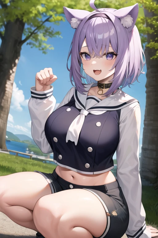 masterpiece, best quality, highres, aaokayu, short hair, purple hair, ahoge, black hairband, animal ears, cat tail, sailor collar, neckerchief, black shirt, midriff, button, white shorts, squatting, paw pose, smile, open mouth, park, outdoors, fangs, huge breasts, wide hips, thick thighs,