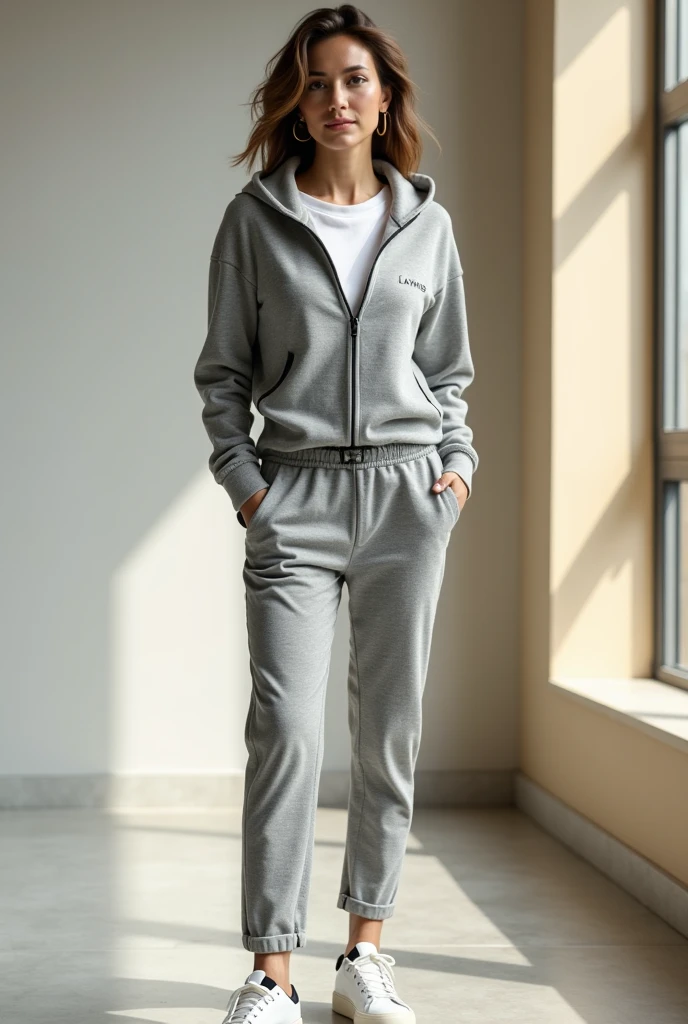A full-body photo of a fashion editorial featuring an elegant 36-year-old woman with a well-groomed appearance and confident facial features. She is dressed in a stylish sporty suit in gray melange, perfectly blending comfort with business chic, making it suitable even for an office environment. The top is a fitted hoodie with a sleek stand-up collar and a minimalist designer zipper down the center, accented with thin black lines. The bottom consists of tapered pants with soft pleats at the waist and small slits at the bottom, adding lightness to the silhouette. The pants feature a subtle yet striking embroidered logo on the left thigh that reads 'LAWINS' The lettering is two shades darker than the fabric of the pants, creating a refined and understated contrast that enhances the modern and sophisticated vibe.

The woman complements the look with a white t-shirt peeking out at the neckline, adding freshness to the overall outfit. On her feet, she wears stylish white sneakers with black details, creating a harmonious contrast with the gray suit. Her accessories include minimalist gold earrings and a black leather belt that accentuates her waist. The background is rendered in soft pastel tones with a gradient from light gray to warm beige, enhancing the professional and modern aesthetic. Soft natural light streams through a large window, creating a cozy atmosphere and highlighting the versatility of the look.

Multiple angles of the same model are required to capture various perspectives of this stylish outfit. Photos from the side and back are mandatory to showcase the cut of the suit and its elegant fit, as well as to highlight the embroidered logo on the pants. Close-up shots can focus on design details such as the zipper, fabric texture, or the embroidery on the pants, as well as the accessories. Mid-range and full-body shots should emphasize the overall ensemble. Additionally, dynamic poses, such as leaning slightly on a desk or walking down an office corrid