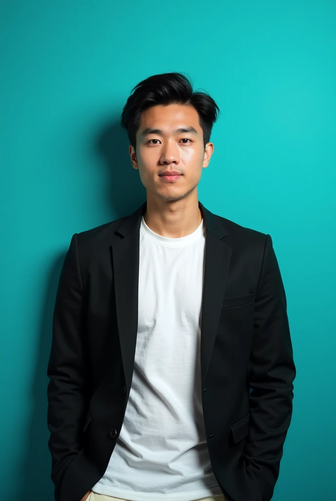 a young men asia with dark hair and he is dress a black blazer casual and white tshirt a man is positioned against aqua colour backdropand posing for linkedin profile