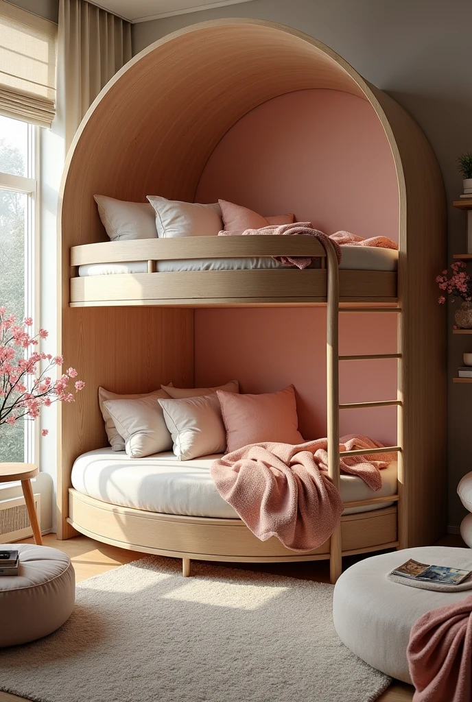 arafed bunk bed with a ladder in a pink bedroom, photorealistic room, with soft pink colors, girl's room, with a bunk bed, rendered in 3 dsmax, rendered in povray, beds, rendered in vray, girly bedroom, with 3d render, with 3 d render, very realistic 3 d render, sterile minimalistic room