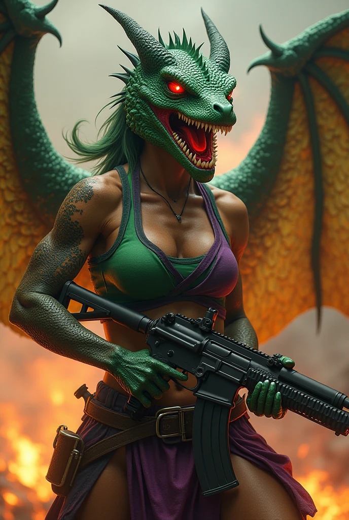 (Highest Quality, 4k, masterpiece, Amazing Details:1.1), standing, post apocalypitic background at dawn, wearing wear out gothic clothes,) ,medium breast, Shallow Depth of Field, E671, lens 50mm f/2.0, (( anthro ((dragon:1.3)) female )), pircings, tatoos, red glowing snake eyes, (realistic scales, detailed scales texture:1.2),studded bracelet, ((photorealistic) (RAW Photo)), (on the last day on eath), angry, evil smile, ((gothic car))