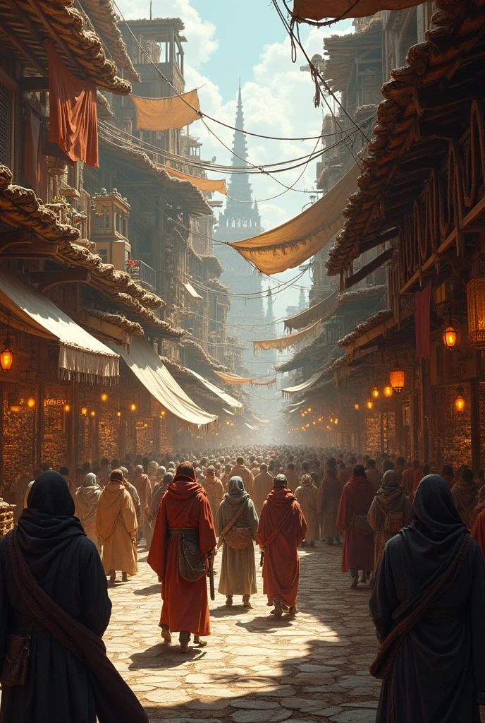 A group of people with camels sat around the market, unreal engine 5 highly rendered, author：feng zhu, epic cinematic concept art, Beautiful rendering of the Tang Dynasty, Rosla global lighting, andreas rocha style, concept art stunning atmosphere, concept art scene, trending on concept art, unreal engine 5 render, film Silk Road landscape, unreal engine 5 lumen
