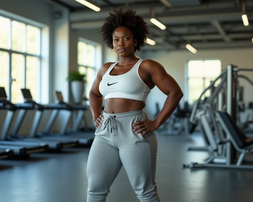A full body image of a black woman in a gym