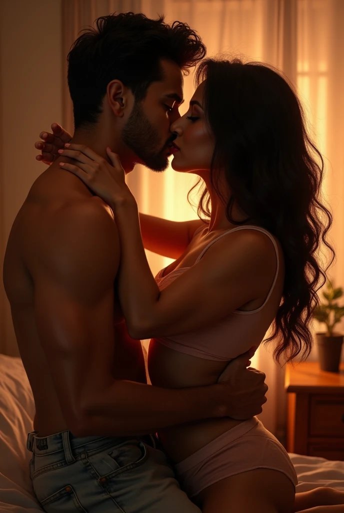 Indian bengali voluptuous busty woman 46 with a 18 year man in the bed kissing