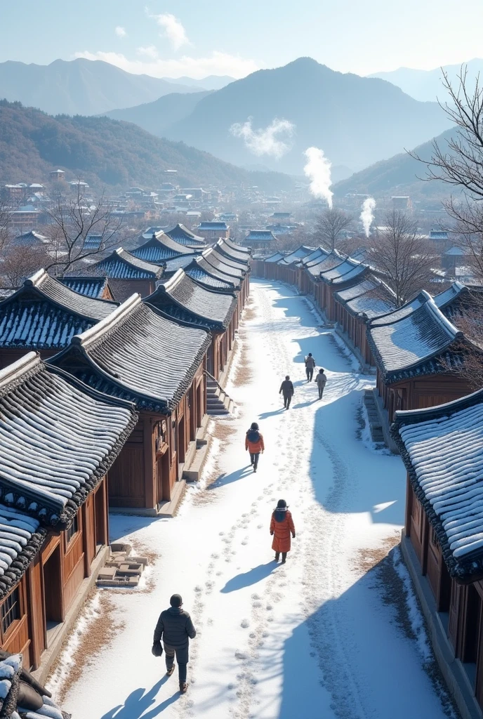 Stand on the roof and look away,Linen jumper,Back Shadow,mountains in the distant,Snow-covered roof and bell tower, dreamy Chinese towns, Snow, (Mist), golden morning light,Linen jumper, Snowy, Ancient Chinese architecture, Today\'s featured photograph 4k, Detailed scenery —width 672, by Yang J, peaked wooden roofs, Beautiful rendering of the Tang Dynasty, winter, ancient city landscape