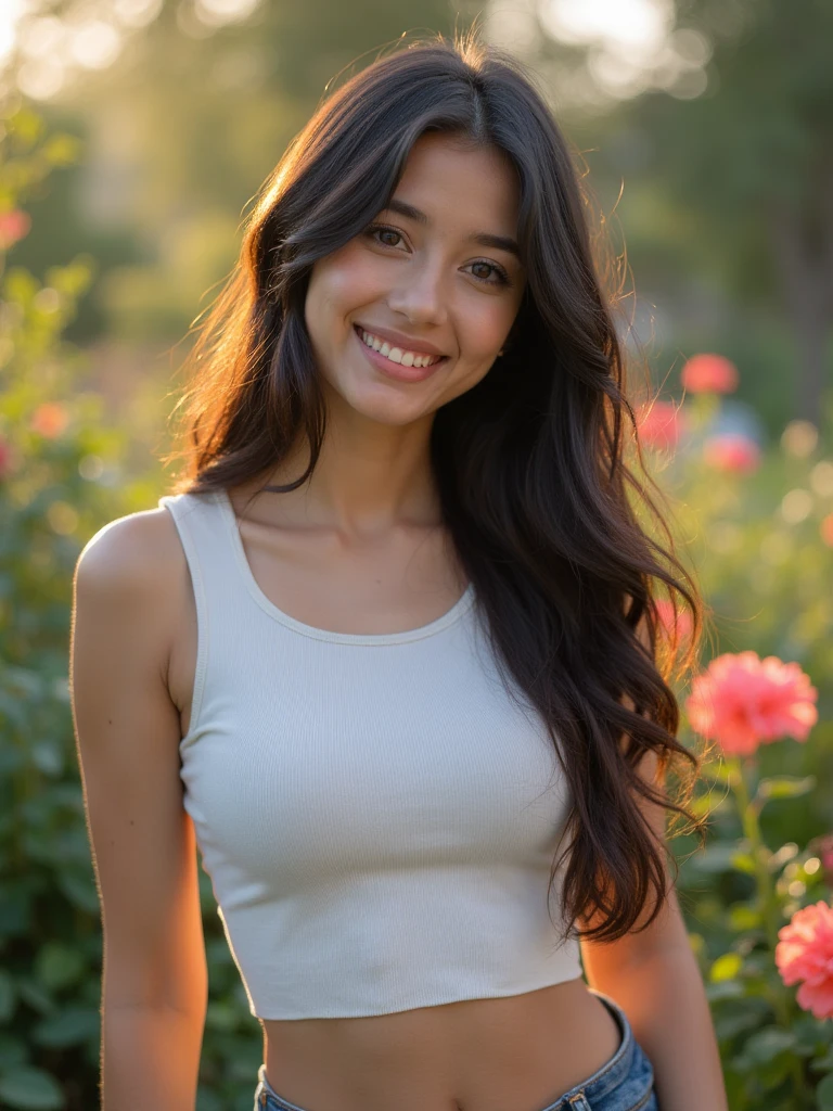 (masterpiece, photorealistic:1.4, extremely intricate:1.3), (photon mapping, radiosity, physically based rendering, ultra resolution, hyper-realistic, photorealistic:1.4, hyper-realistic, 8K), ((solo 1girl, ((closeup breasts, [medium breasts:large breasts:0.3], closeup portrait, (dimples, 18years, denim vest)), long straight [darkblack hair:pink hair:0.6]), [makeup:natural:0.6], long eyelashes, thick lashes), green eyes), bra, smile. laugh, BREAK, (she is at the front dest in a flower shop, indoor, flowers, tilted)