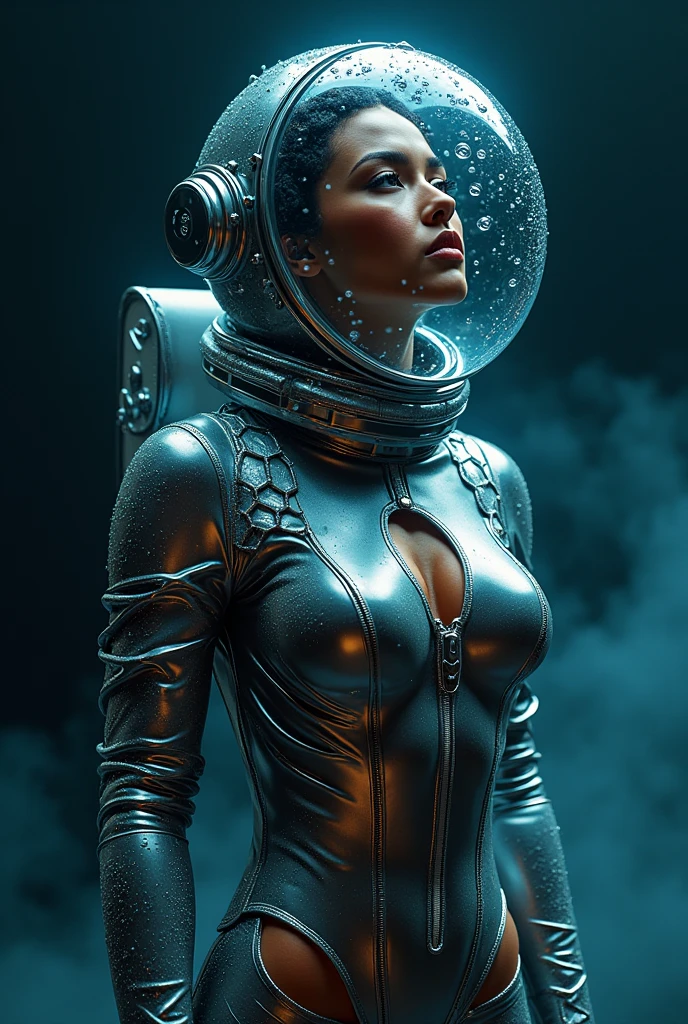timeless style, (mtompunk:1.2), masterpiece, best quality, 8k, artstation, sharp focus, ultrarealistic, high details, raw photo portrait of beautiful girl, tight outfit, (retro bubble space helmet), perfect face, perfect eyes, big breasts, inside spaceship, volumetric lighting, depth of field, cinematic lighting, medium shot, face focus
