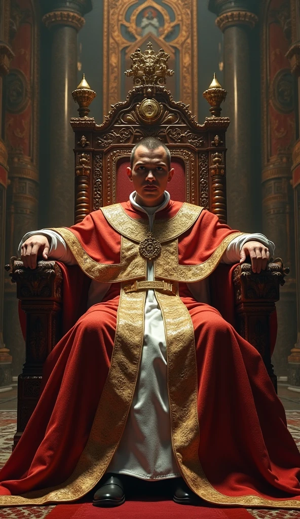 Russian prince, young, gorgeous, red mouthed, human, with red royal robes, silver crown, sitting on a throne adorned with realistic silver jewelry photo 4k