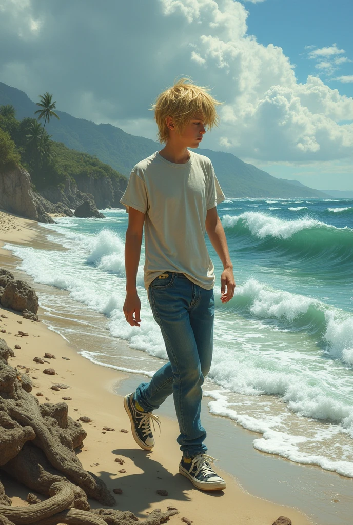 A boy standing under the scorching hot sun in a desert with white sand