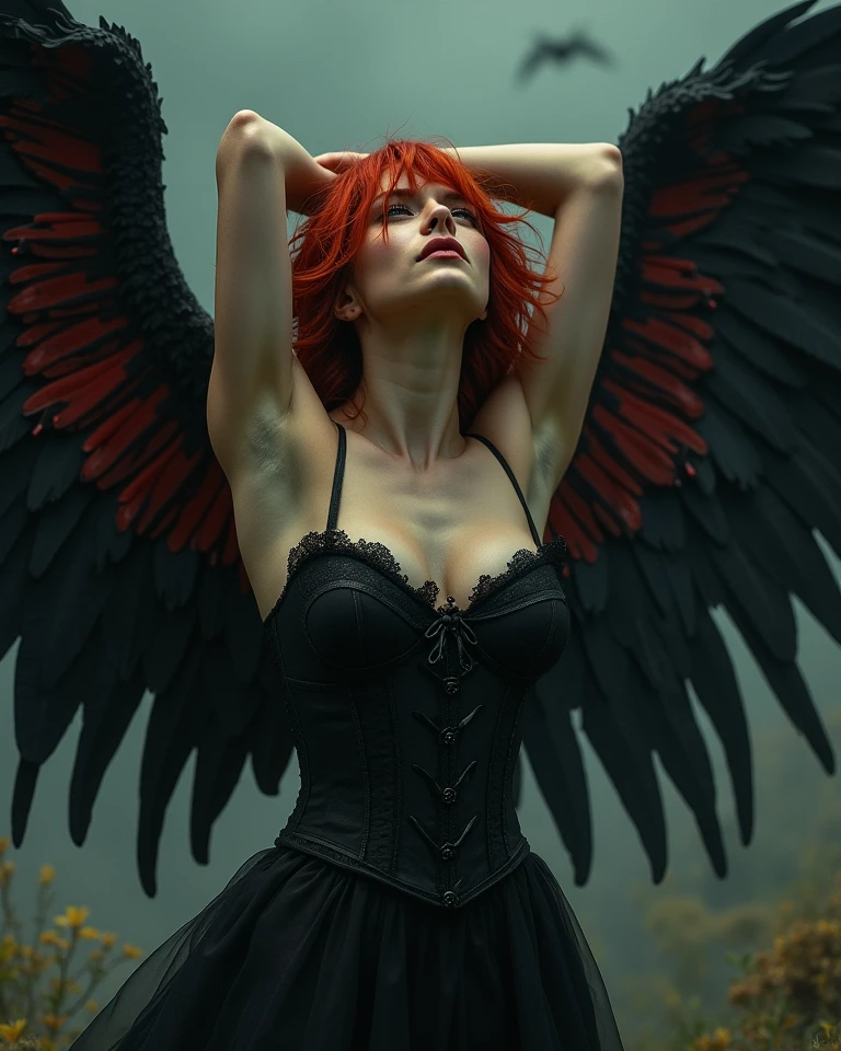 ( ginger hair woman,2 with stunning gothic black archangel wings in fire:1.6), (naked, nude:1.8), (Without clothes:1.8),(long, messy hair, hair floating in the wind:1.6), blue eyes, detailed eyes, detailed lips, (lies nude, sensual, full body:1.5), (photo from low angles:1.5), (creepy and scary gothic church, abandoned with fog and fog, snow:1.3), low neck, ray tracing, (best quality, 4k, 8k, high resolution, masterpiece:1.2), very detailed, (realistic , photorealistic, photorealistic :1.37), HDR, UHD, masterpiece, professional, vivid colors, bokeh, studio lighting, cleavage, thigh, short skirt, sexy
