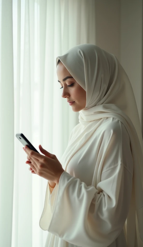 Realistic close up photo of a beautiful Indonesian woman wearing a white hijab sitting on a chair facing a laptop at the table, an acrylic table nameplate that says "BCA" at the top, holding an iPhone 14 Promex smartphone, very detailed photo. realistic 16k