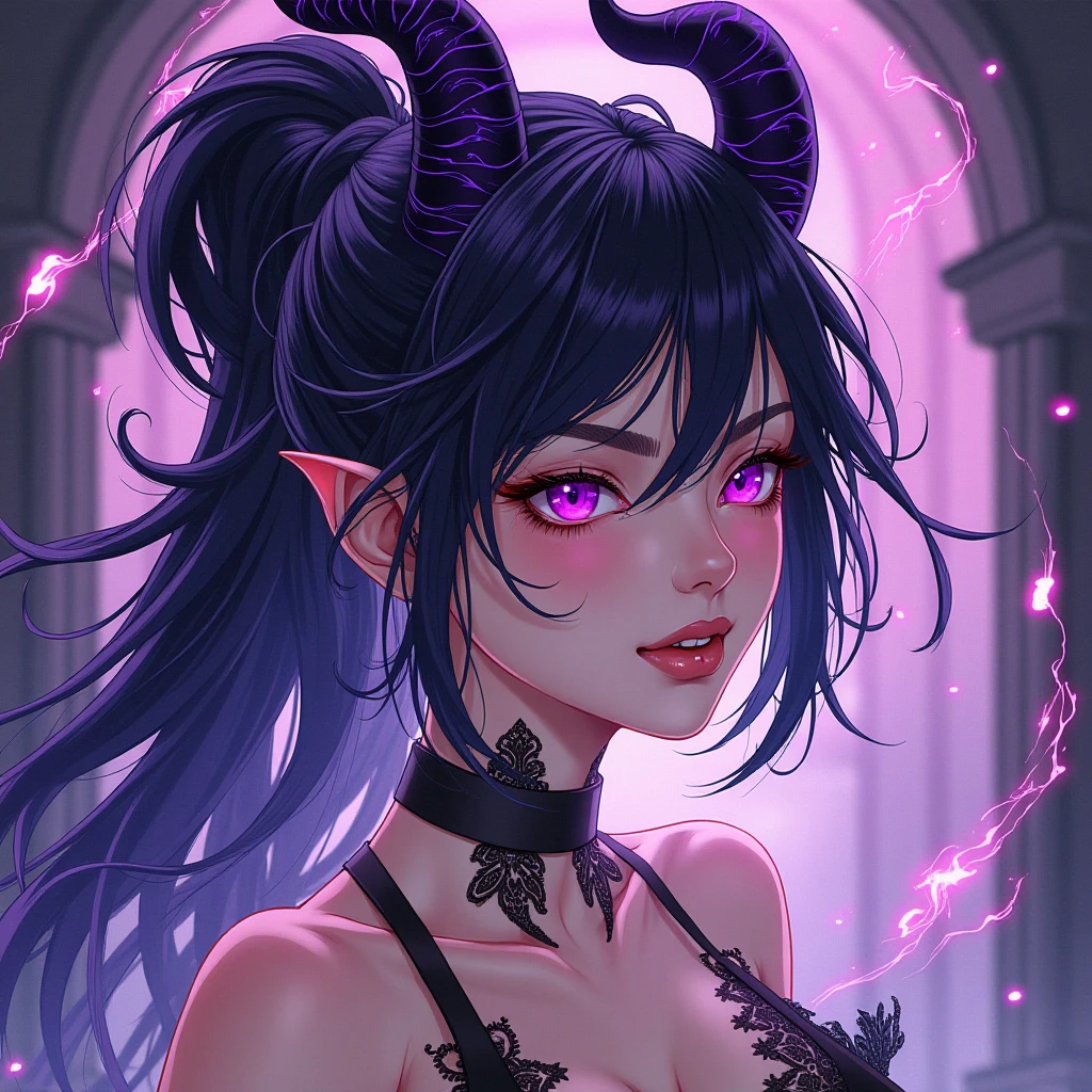 Comic style half-dragon girl villain with interdimensional cosmic powers, with long brown hair, purple eyes, horns is spiral shaped attacking