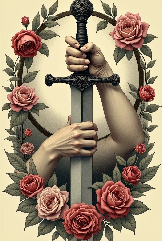Two man&#39;s hands and a woman&#39;s hand holding a sword of roses and thorns, with blood on a black background 