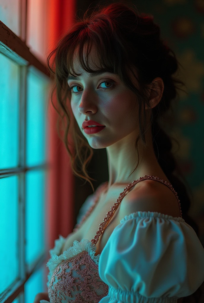 Hands on breasts:1.6) (le vent souffle longtemps, Messy brown hair:1.3), blue eye, detailed eyes, Detailed lips, (mensonge nu, Sensuel, tout le corps:1.5), (Low-angle photo:1.5), (scary and creepy indoor place, abandoned with fog and mist, snowing, green moss: 1.3), low collar, Laser trace, (best quality, 4K, 8k, high resolution, head of'artwork:1.2), very detailed, (realistic , photorealistic, photorealistic :1.37), HDR, uhd, head of'artwork, professionnel, Couleurs vives, bokeh, studio lighting