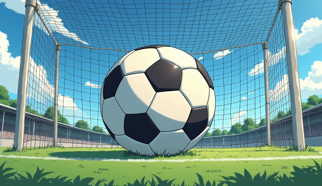 Create an anime image, Of a ball puffing up the nets of a soccer goal