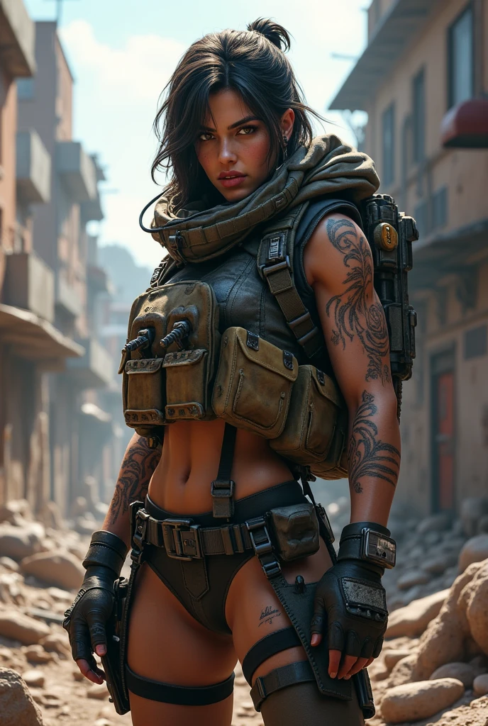 A brave Wasteland Punk warrior joins hands in a trap-filled wasteland. The camera zooms in on the woman, Capturing your resolve. a Jovem, with a protective expression on his face, usa armadura improvisada e roupas remendadas. All her clothes are torn and broken exposing her breasts, peitos semiexpostos, peitos grandes, NSFW, quebrado revelando sua carne, tanga muito danificada, usa tanga rasgada