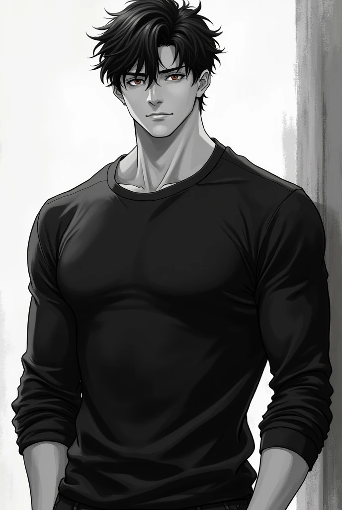 (Camiseta blanca para hombre), ), (con una barba corta,) Aspecto atractivo y serio, Dark brown hair, Elegante y con estilo, Camiseta de cuerpo fuerte afeitada, Un hombre similar al actor Jim Morrison, (Imagen realista y de alta calidad), Apartamento escandinavo en el fondo con pintura de pared azul, ((La mejor calidad, 8K, obra maestra).