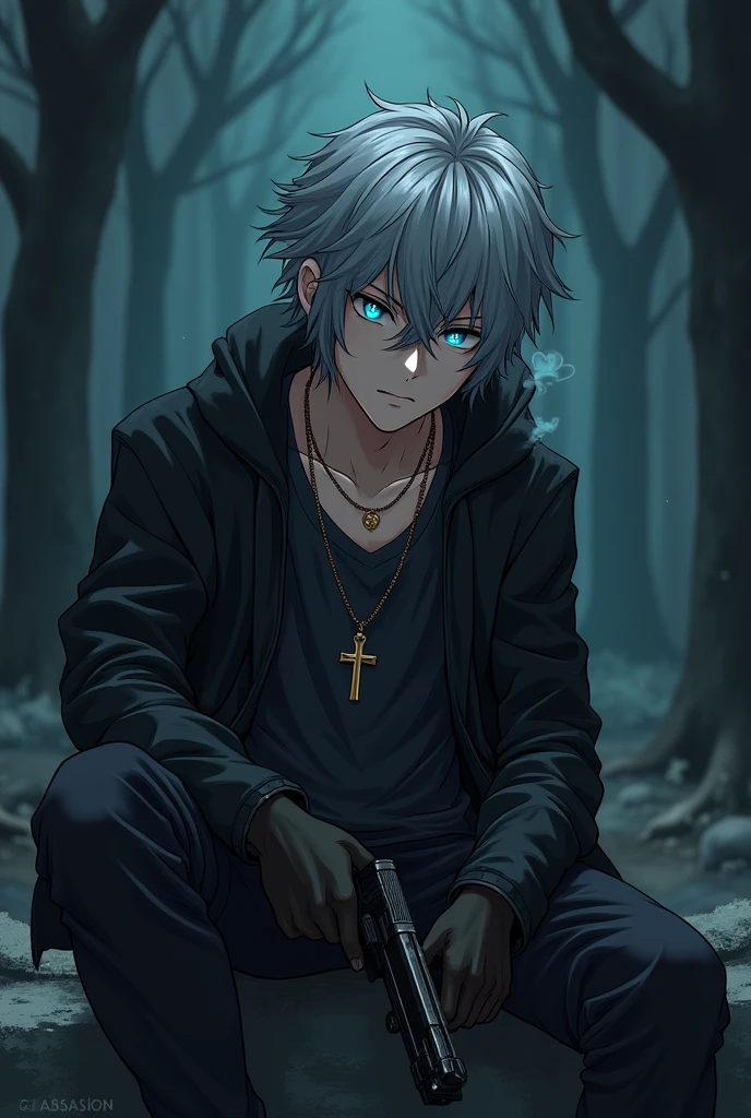 anime character, a person. 20-year-old man, large body, cold gaze, cold expression, messy gray hair, ponytail, left eye patch, black clothes, black shirt, dark cape with hood, chains. Side camera. Dark forest, at night, sitting on the dirt floor, back against a tree, relaxed. right leg extended, left leg flexed. Shining stars.