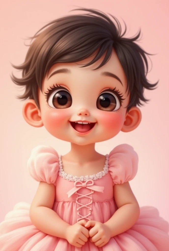 Create one year old baby image, De pele clara, dark shaped eyes, fly away, short dark hair. Wearing a pink princess dress with butterfly details