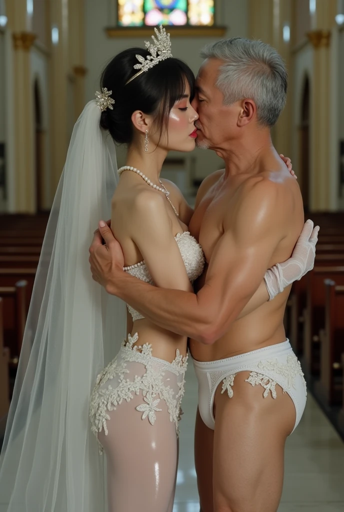 Sexy white girl, beautiful bride, teen girl, perfect ass, old grandpa, old white man, old groom, wedding, wedding kiss, hug, lingerie, veil