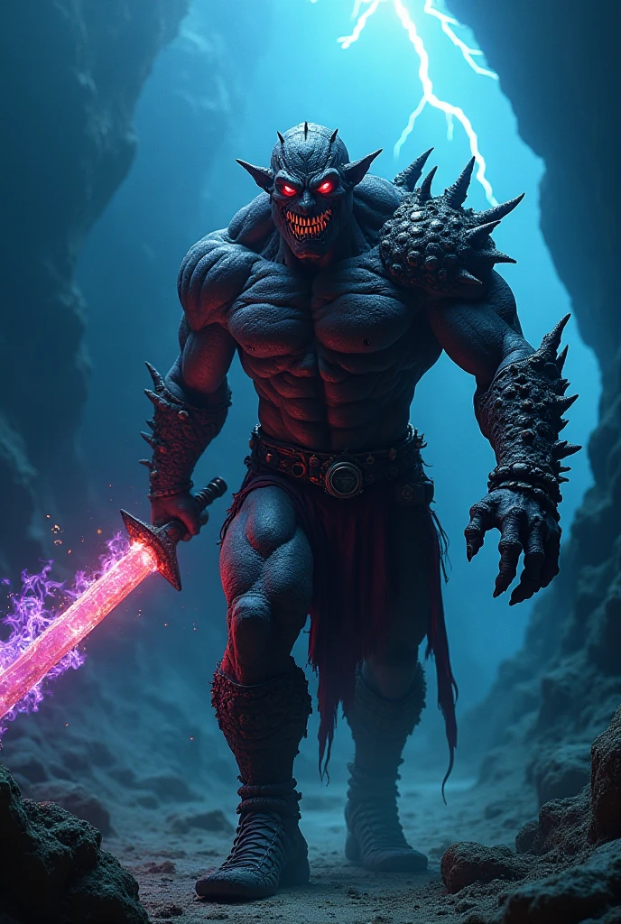 Devil With black skin colour, creepy horns and
red eyes and glowing purple and green colour combination sword in hand
He should has six pack abs