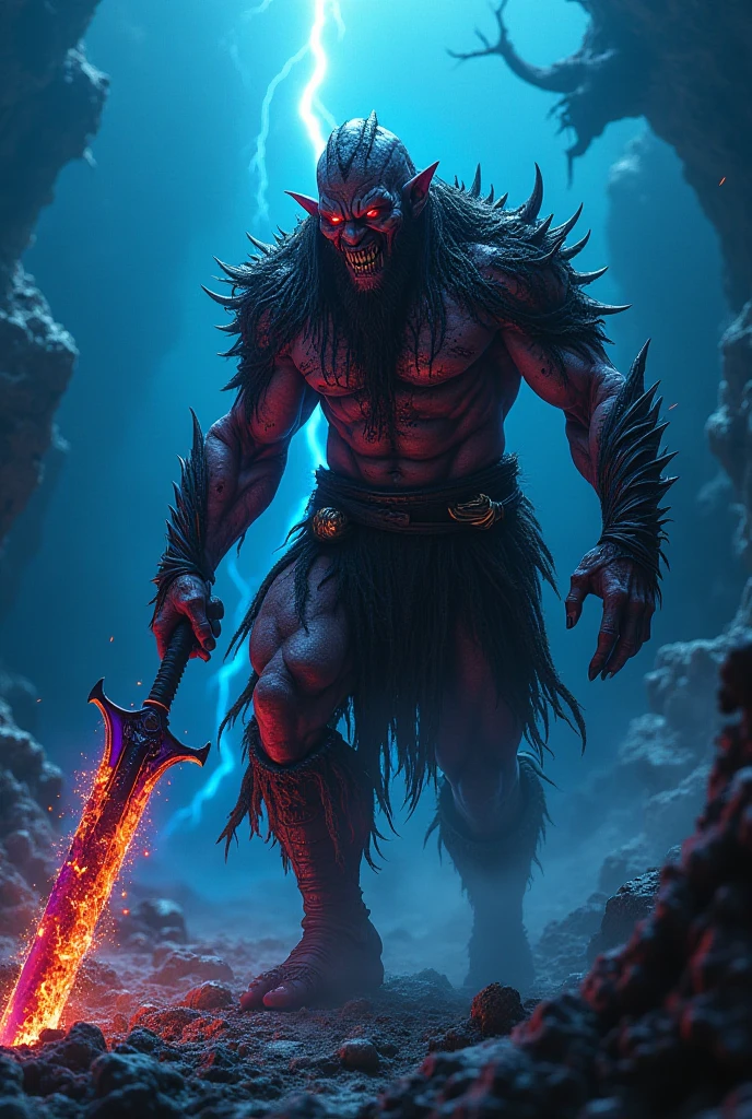 Blood moon behind a demon with red eyes , a sword in his right hand and screaming at the sky