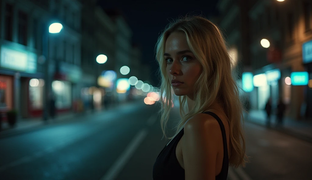 tatuados,Beautiful blonde with big breasts in a black dresany tattoos on both arms and neck、 (Late night back alley、walk),Candlelight only,Very detailed, 21 years old, Innocent face, Wavy Hair, blue eyes, High resolution, masterpiece, Highest quality, Intricate details, Very detailed, Clear focus, Delicate skin, practical skin texture, texture, Delicate eyes, Professional, 4K, Sad face,despair、 Shot with Canon, 85mm, Shallow and deep, Kodak Vision Color, Exactly, Very detailed, photograph_\(Extremist\), photographpractical, practical, Post-processing, Maximum details, Roughness, Real Life, Extremist practical, Photorealism, photographgraphy, 8K Ultra HD, photographgraphy