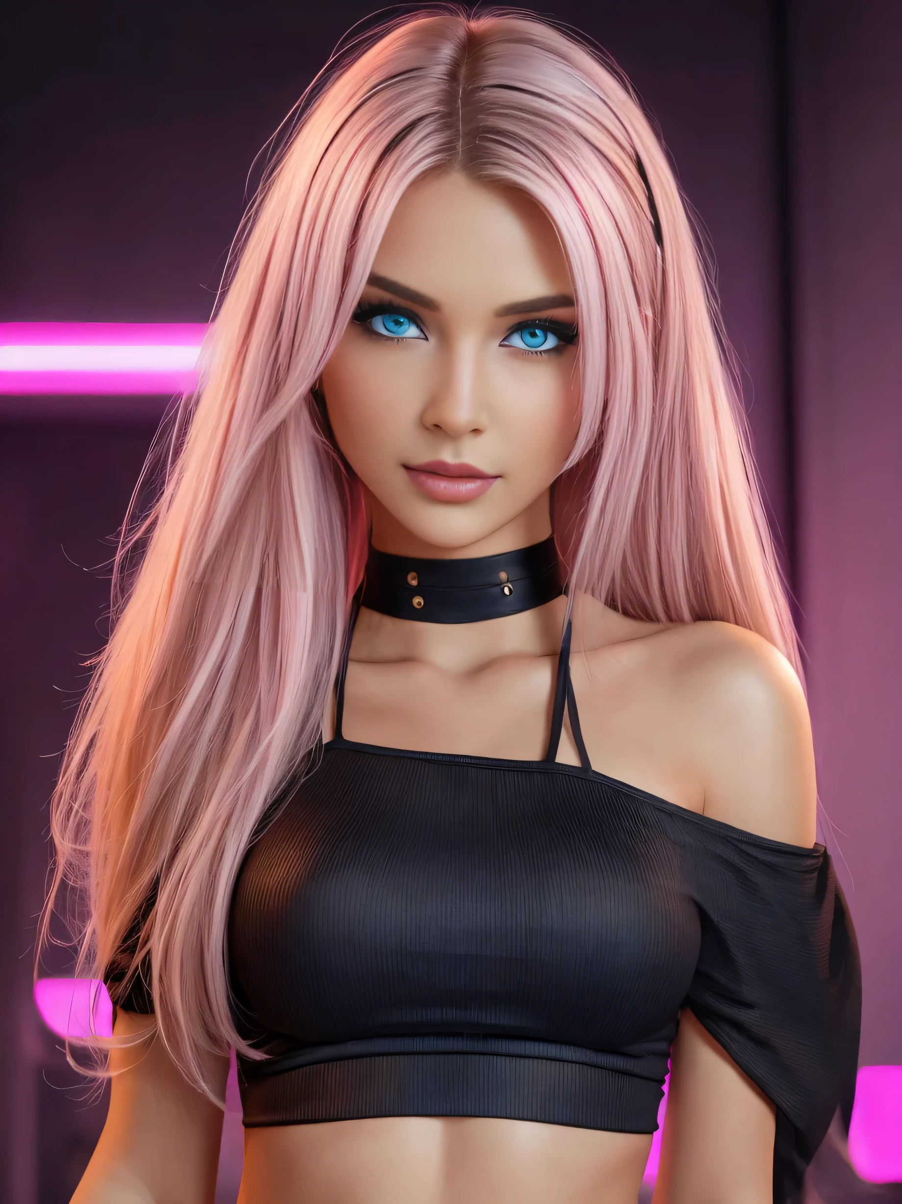 from front, (best quality), (full body photograph:1.5), bright pink crop top:1.2, tight black mini skirt:1.2, perfect eyes, (perfect hands), full lips, slight smile, light brown skin, light make-up, Low key lighting, An ultra hot gorgeous European woman, 23 years old, Blonde straight hair, (night:1.3), (cyberpunk background:1.3), blue eyes, ((high detailed skin, skin details)), high quality, HDR.