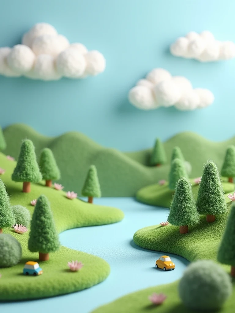 Wool felt hills, wool felt green trees, wool felt rivers, wool felt flowers, wool felt blue sky and white clouds, wool felt cars, all objects are made of wool felt, 3D rendering, off-white, low saturation colors, cute, soft, fluffy, soft light, high resolution, high details, no people
