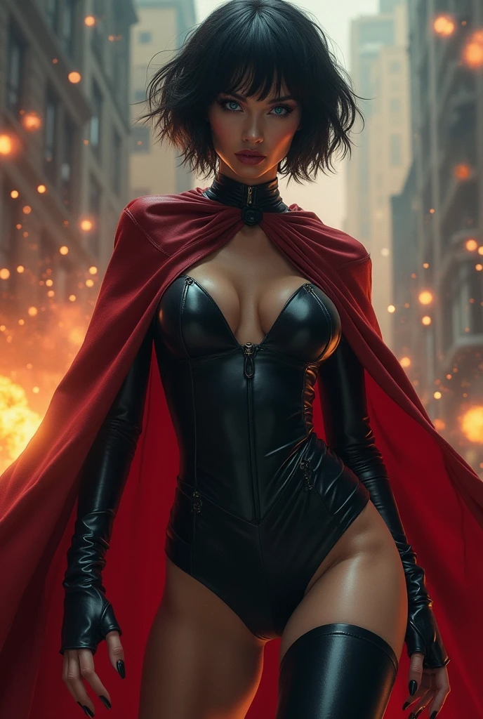 Beautiful undead gothic vampire girl with short dark hair and blue eyes, red cape Big and big butts, musculada fitness,super huge , Waders, BBW ,very high, She protects her 60-year-old human master behind her as a shield. , and some gangsters shoot thousands of bullets at him, making many bullet holes in the vampire and the crushed bullets fall to the ground..