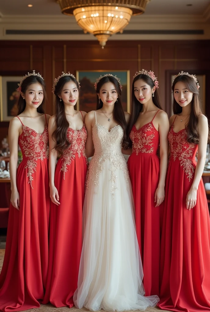 Six young women. The first young woman is 18 years old Thai and wearing a Thai national wedding dress. The second young woman is 1 Laotian and wearing a Lao national wedding dress. The third young woman is 1 Japanese and wearing a Japanese national wedding dress. The fourth young woman is 20 years old Korean and wearing a Korean national wedding dress. The fifth young woman is 2 Taiwanese and wearing a Taiwanese national wedding dress. The sixth young woman is 2 English and wearing an English national dress. They are about to be married, standing in a beautiful line with the same groom. Each bride is smiling and happy.
