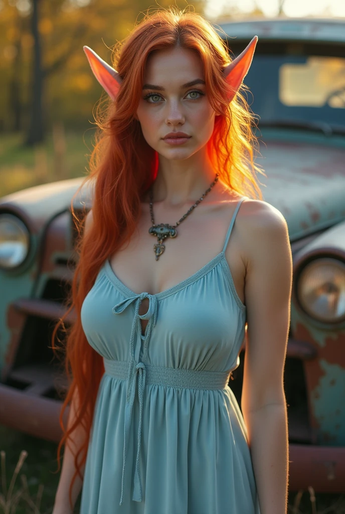 (full body shot:1) photorealistic image of a (standing pose:1) ultrarealistic, photography, long red hair, woman, 24 years old, hourglass figure, perfect body, Flirty look, natural medium breasts, blur background, she is sitting in the passenger side of a huge 16 wheeler truck, she wears slutty clothes, she looks over seductively to the driver