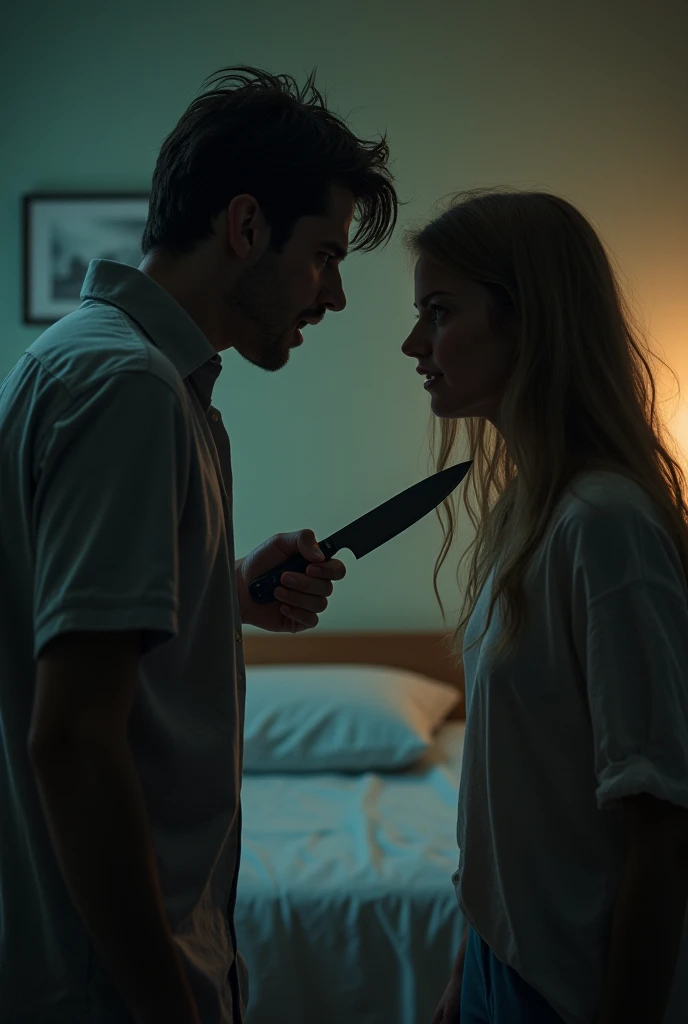 A man dressed casually, He enters his wife's room, a beautiful young blonde european woman, and notices that she is lying face down on the ground and oil is coming out of her mouth, Hyper-realistic image quality