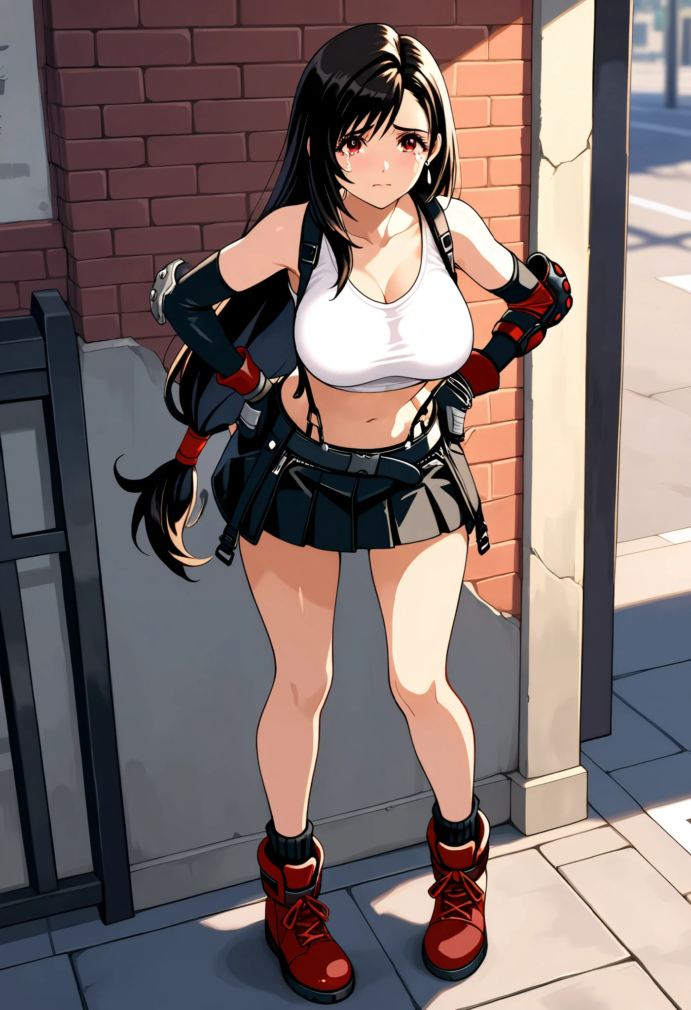 , ( Masterpiece),( top quality),(( GREAT QUALITY:1.2)),, official style ,{Tifa_ Lockhart,FF7},break  1girl, Tifa・ Lockhart,  ファイナルファンタジーのTifa,( beautiful).   black hair,  long hair tied low ,  Red Eyes, bangs,  white tank top standing on the street, belt,  pleated skirt ,  thigh length ,  Put elbow fingerless gloves,  elbow pads , (abdomen,belly button:0.9)   suspender skirt shoes. Absolute Cool ,,(big_Chest:1.2), (Tears:1.2),,break  , standing, hands on hips , opposite, v overeye , lean forward