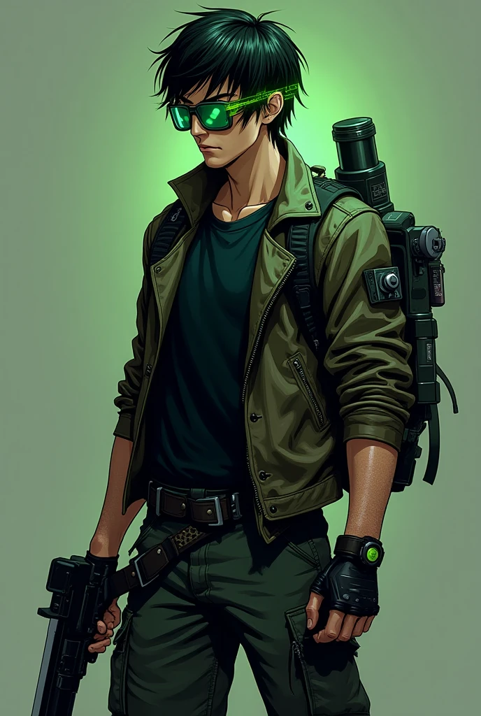 Slim man with a metal prosthetic leg, transparent tubes coming out of the prosthetic pumping a green liquid, black gasmask with bright green details that only covers mouth and face, wearing a masculine crop top with the letter R on it and pants with one leg. Anime Style