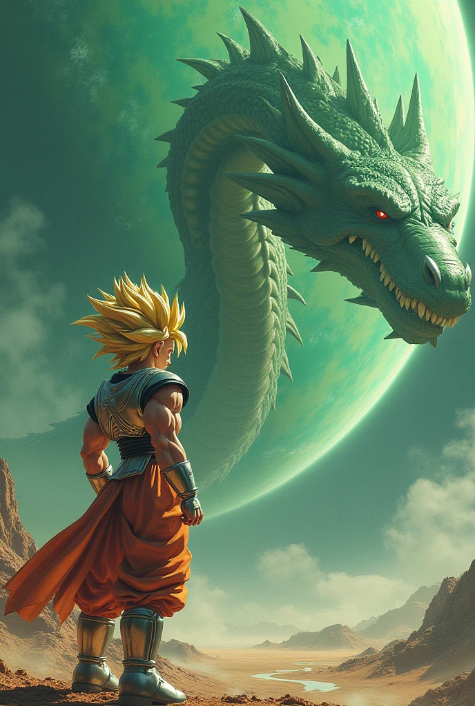 Create Goku Super Saijan 3 with metallic clothing and a giant, green dragon behind him on a planet Saturn 